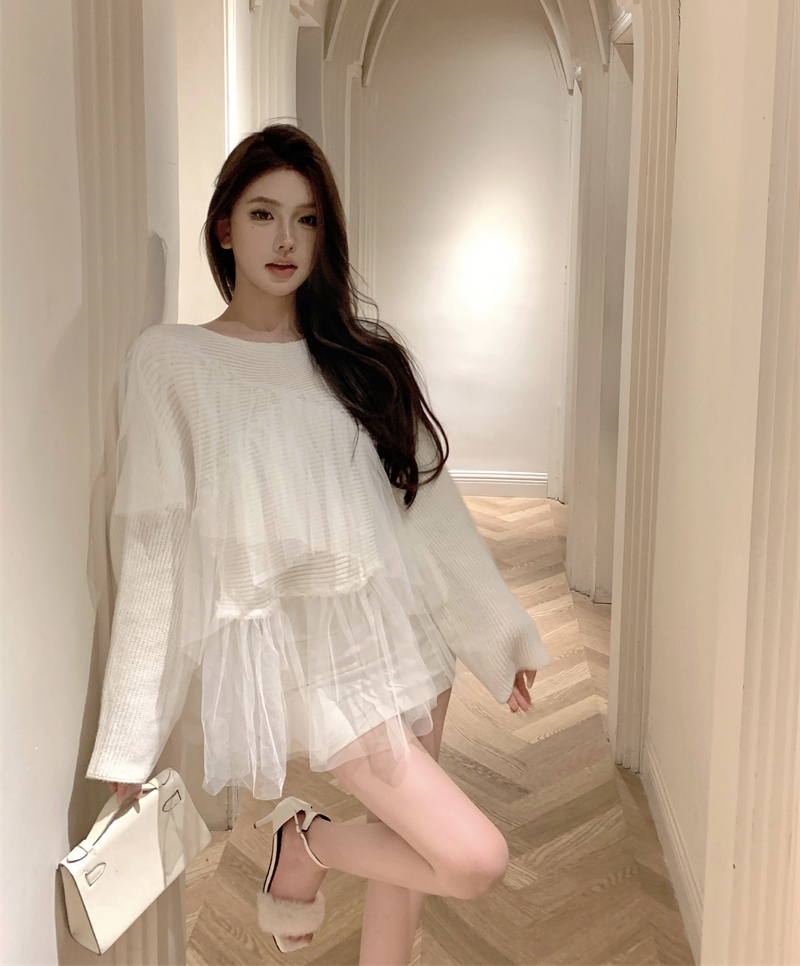 實拍 秋冬小眾設計感套頭溫柔網紗拼接針織衫仙女上衣毛衣