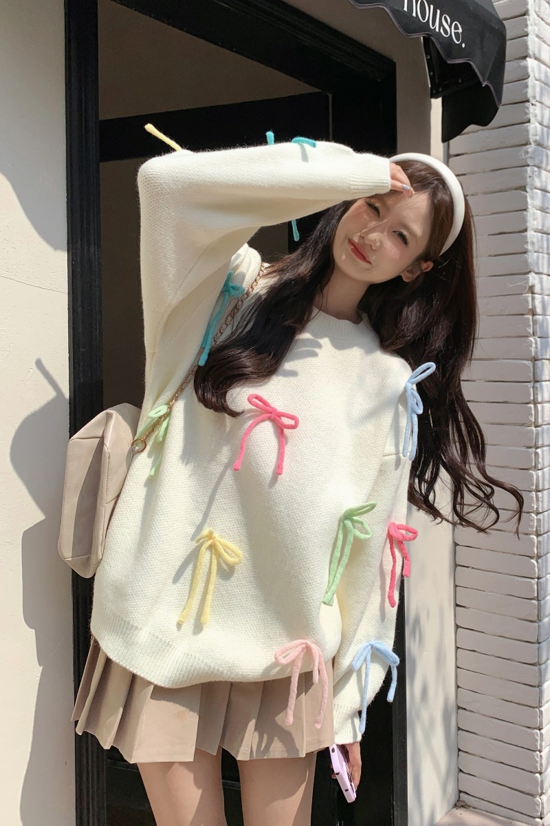 甜美風減齡針織衫毛衣女冬季2023新款立體蝴蝶結圓領寬鬆長袖上衣