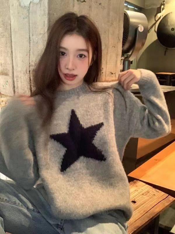復古星星刺繡長袖套頭針織衫女2023秋季寬鬆百搭顯瘦休閒上衣