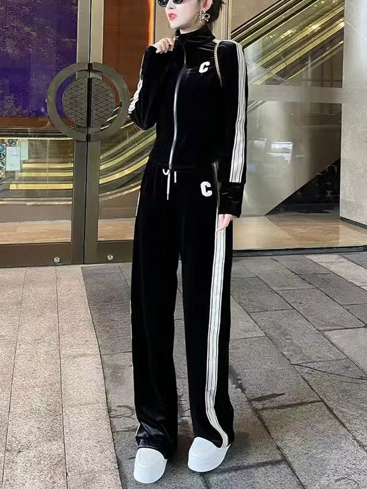 金絲絨運動休閒套裝女裝2023新款春秋季歐洲站歐貨潮闊腿褲兩件套