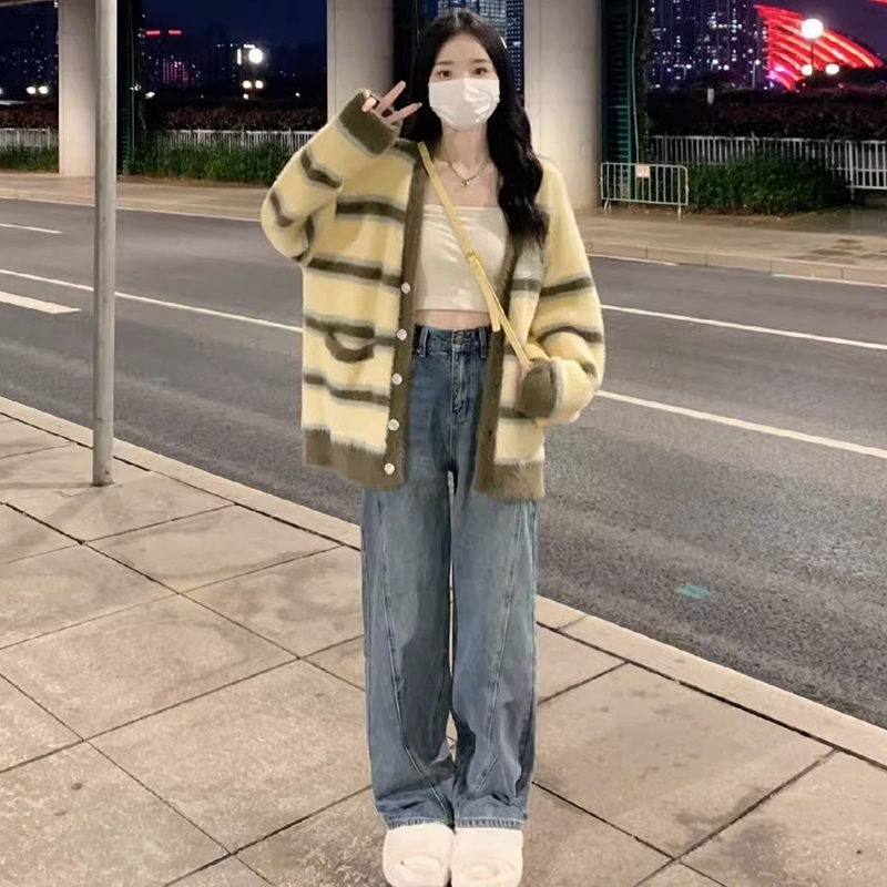 溫柔條紋針織開衫毛衣外套女秋冬2023新款奶fufu慵懶風高級感上衣