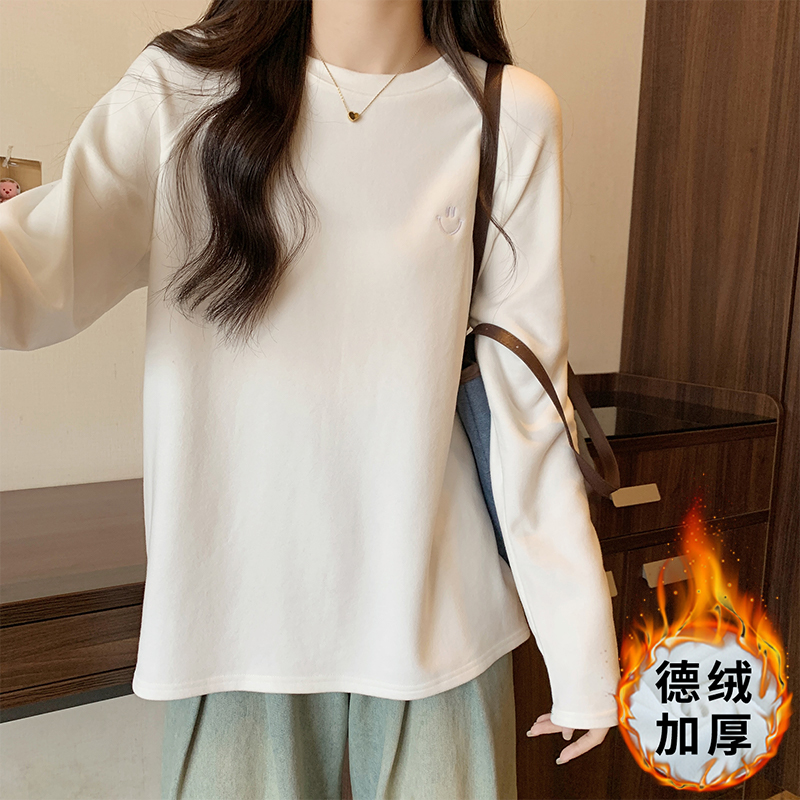 實拍德絨加厚白色長袖打底衫女秋冬寬鬆笑臉刺繡別致t恤上衣