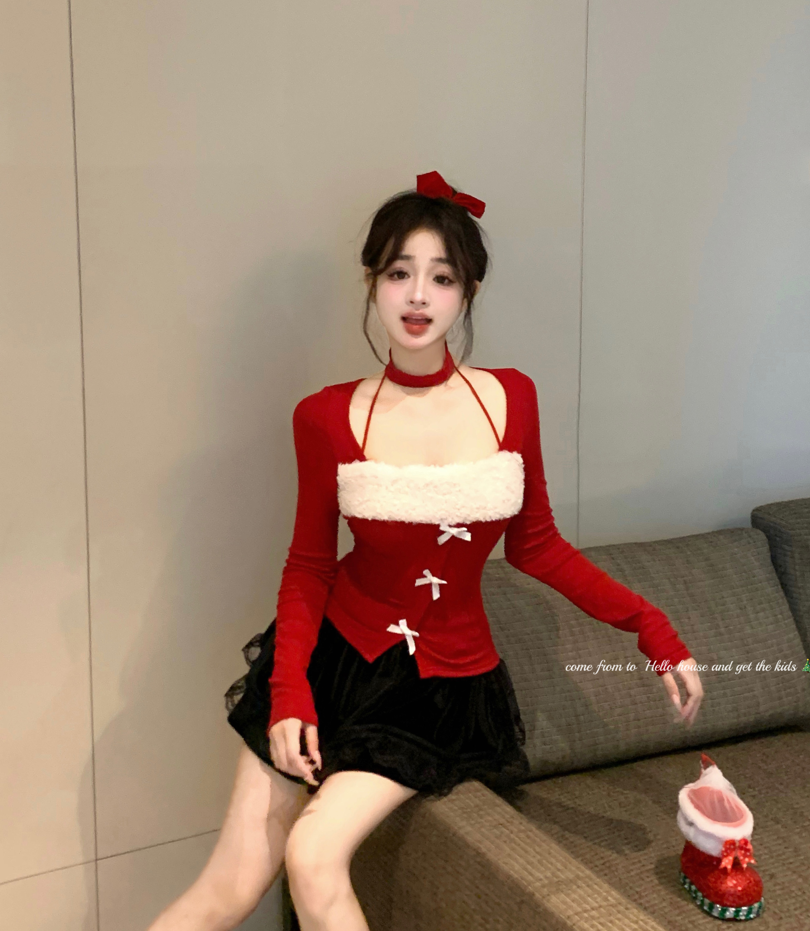 實拍~甜辣妹設計感拼接蝴蝶結方領掛脖開叉顯瘦長袖針織上衣