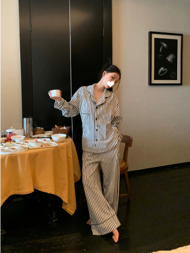 仿棉法式洋气条纹长袖睡衣女2024年韩版新款休闲宽松可外穿家居服