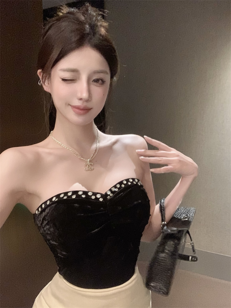 實拍 高級感氣質帶鑽絲絨抹胸背心