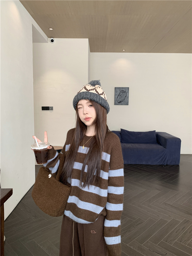 實拍小個子穿搭條紋美拉德系圓領毛衣+顯瘦加厚保暖衛褲