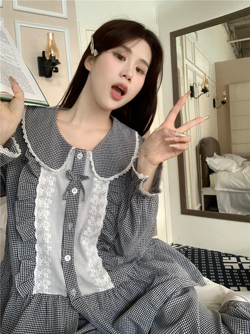 實拍韓版秋季小清新細格可愛娃娃領蕾絲寬鬆休閒學生家居服套
