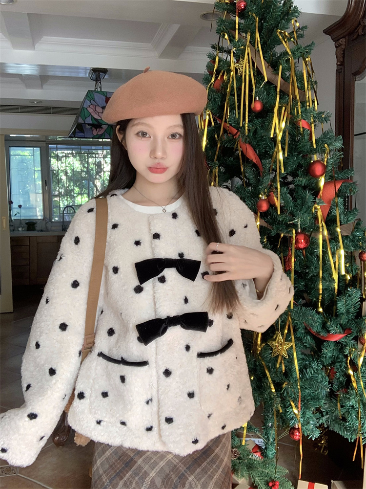 實拍！奶fufu羊羔毛刺繡波點加厚保暖外套百搭毛絨絨短款皮草大衣
