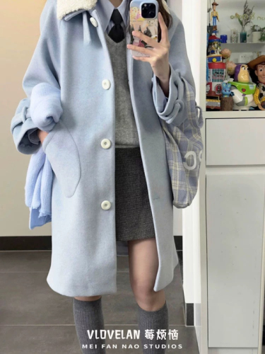 Woolen coat for women autumn and winter new style lamb wool stitching for small people to wear loose mid-length lapel coat 