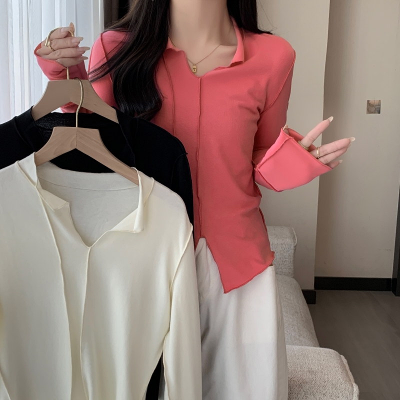 實拍  有氨德絨  秋裝韓版磨毛長袖T恤女設計感打底衫