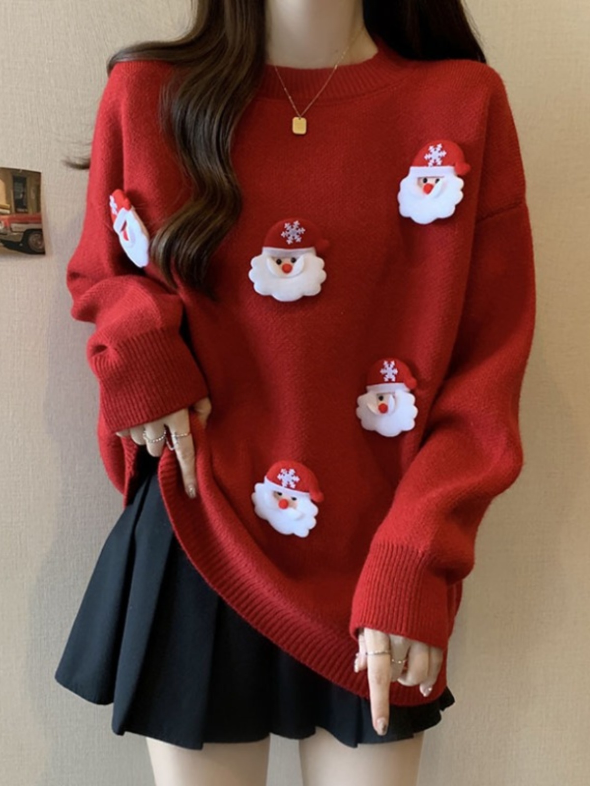 甜美聖誕紅色慵懶風毛衣女秋冬大碼胖mm洋氣減齡寬鬆遮肚顯瘦上衣