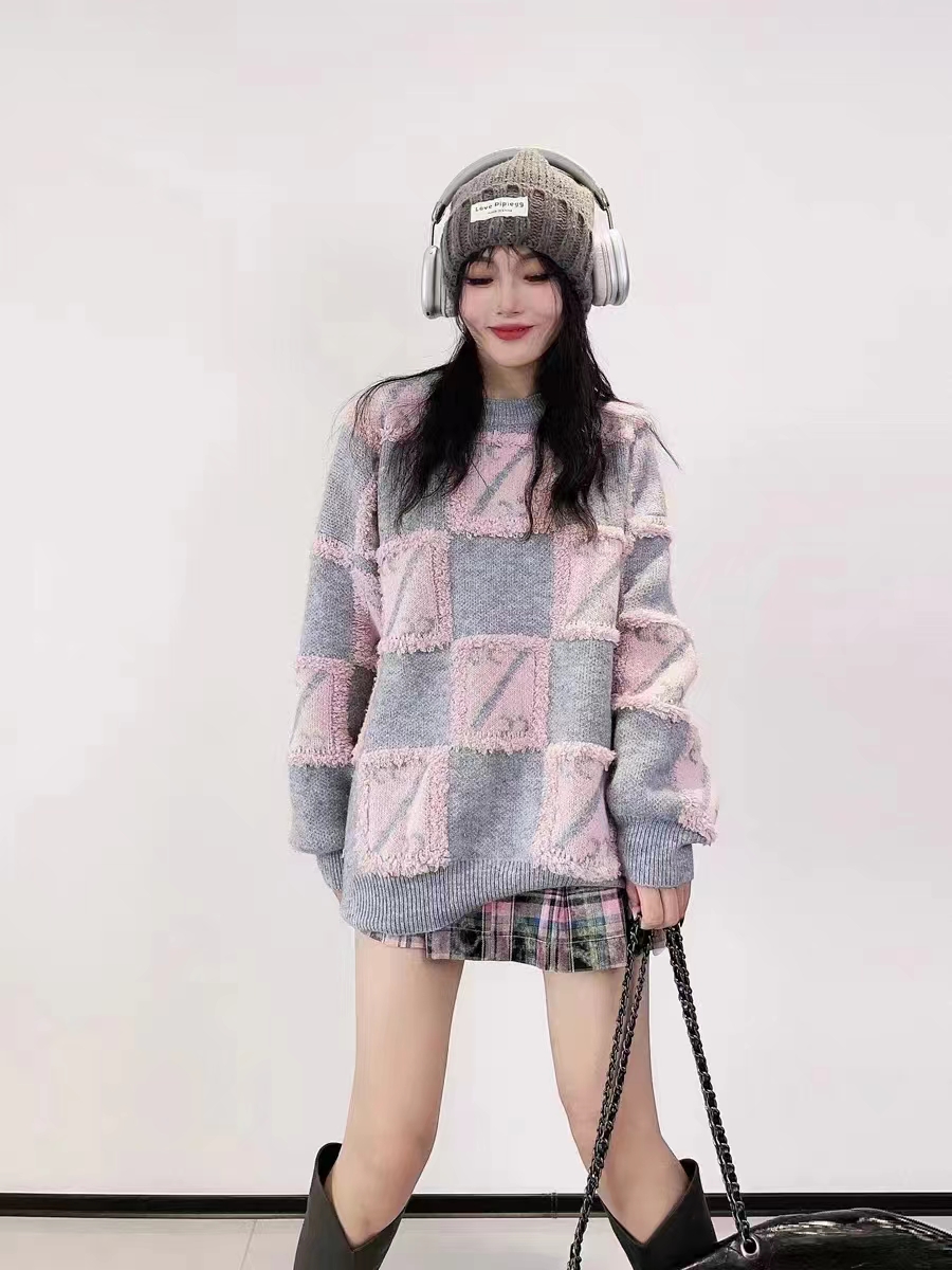 時尚寬鬆撞色格子軟糯毛衣女套頭復古百搭慵懶風減齡外穿針織衫潮
