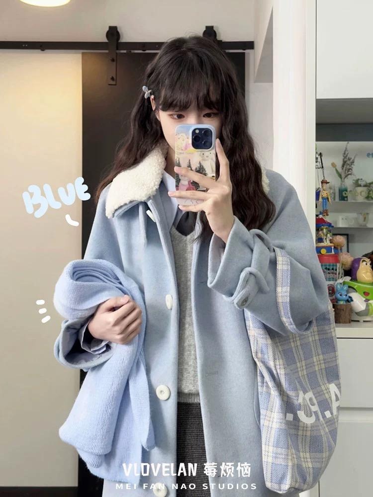 Woolen coat for women autumn and winter new style lamb wool stitching for small people to wear loose mid-length lapel coat 2023