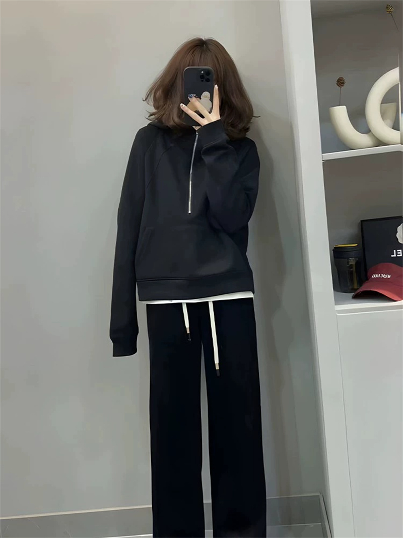 加絨加厚半拉鏈連帽衛衣女2023秋冬新款寬鬆小個子慵懶風上衣