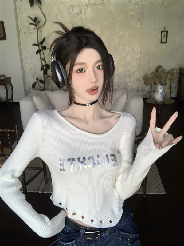 實拍 新款設計感不規則修身顯瘦短款黑色打底衫長袖內搭上衣