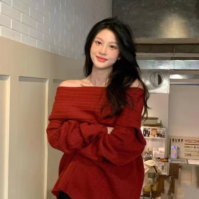Off-shoulder lazy style red petite sweater one-shoulder sweater women's winter outer wear loose mid-length top