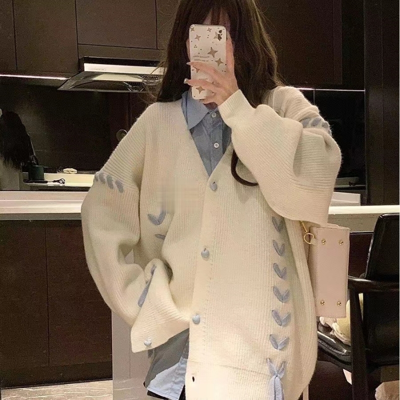 網紅日系寬鬆慵懶小眾蝴蝶愛心綁帶軟糯針織開衫外套女