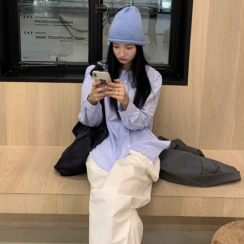 韓版圓領白色襯衫女長袖秋款襯衣復古設計感小眾泡泡ins