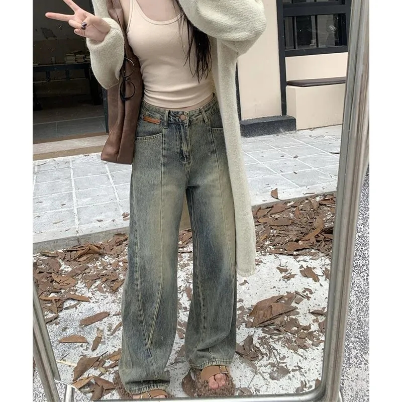 美式復古高腰設計感牛仔褲女秋冬梨形身材寬鬆顯瘦直筒闊腿長褲子