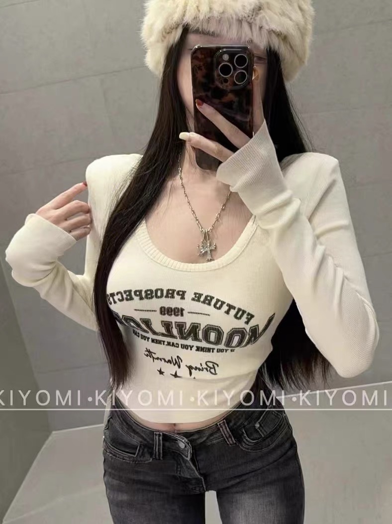 KIYOMI2023秋冬新款美式辣妹圓領印花直角肩修身針織毛衣內搭顯瘦