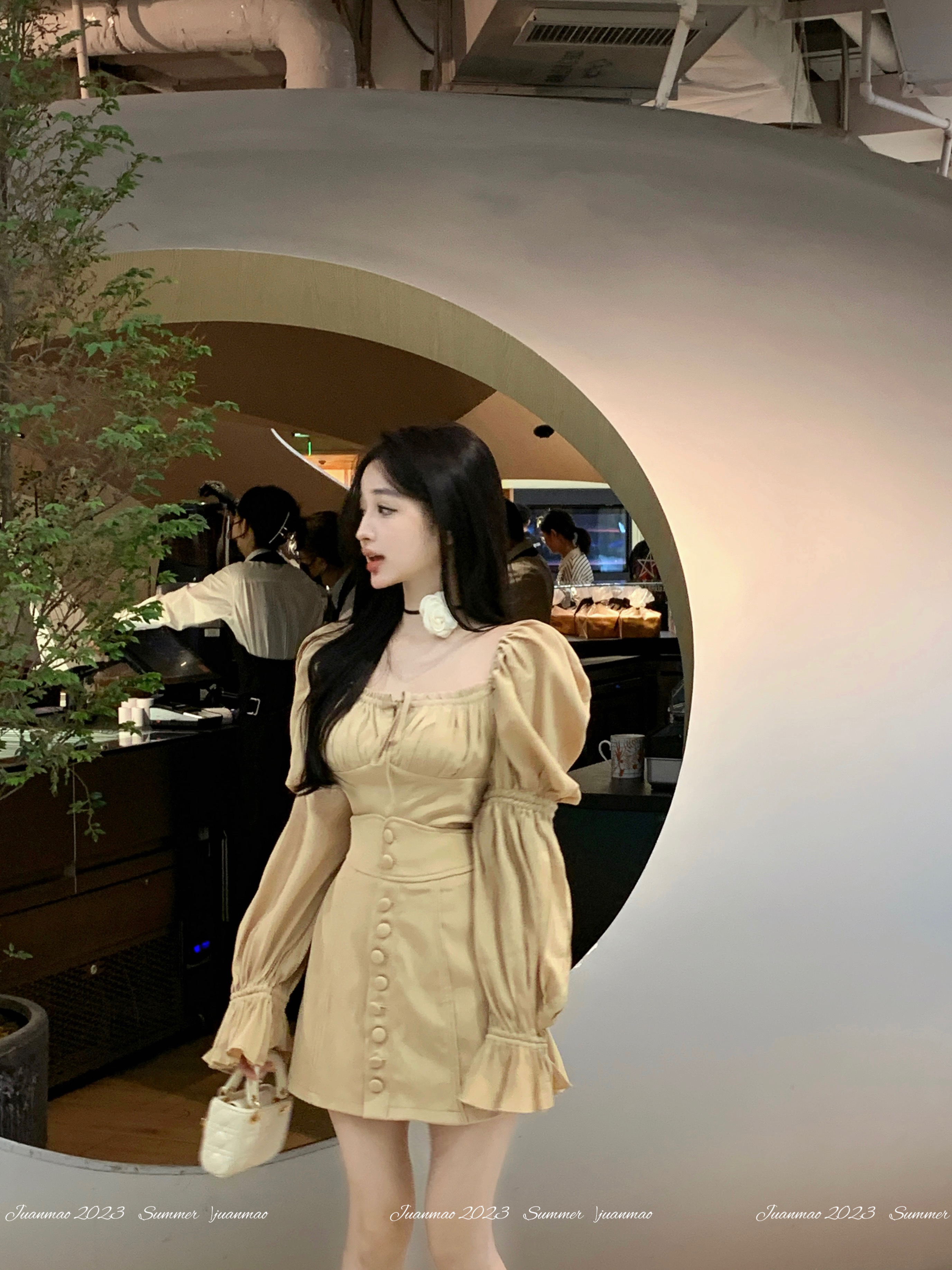 實拍青煙片玉 法式方領泡泡袖上衣女奶油黃套裝早秋
