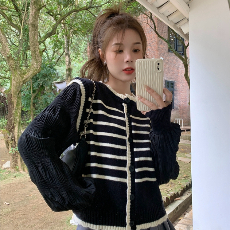 韓版氣質假兩件泡泡袖毛衣女2023秋冬季小眾條紋開衫別致針織上衣