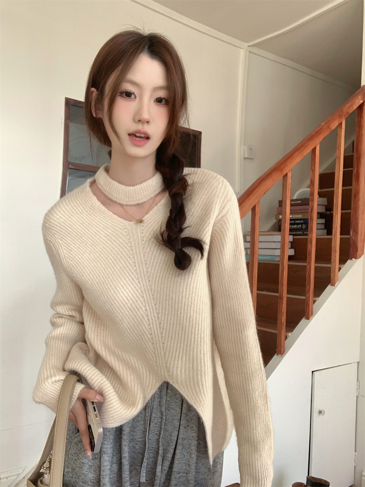 實拍 秋冬韓版寬鬆掛脖開叉別致設計感北極絨針織內搭毛衣女