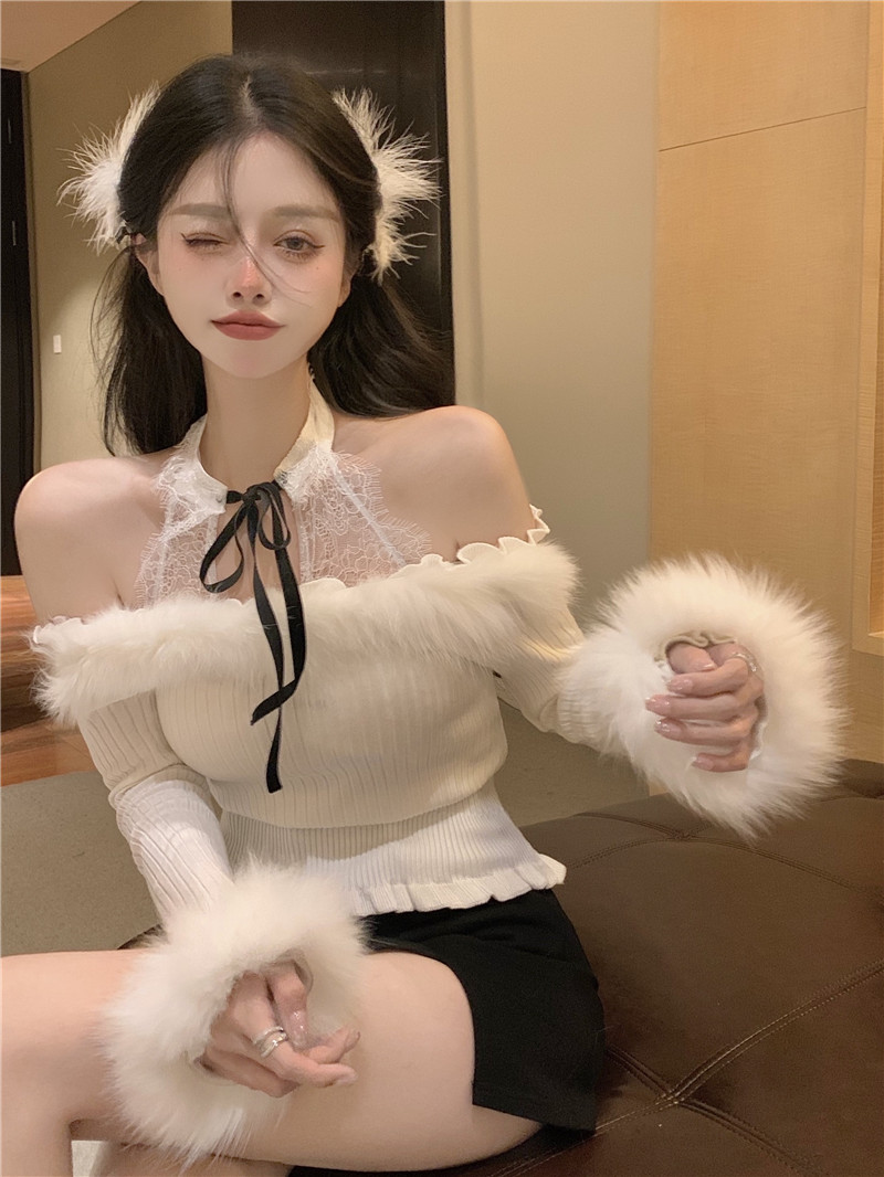 實拍  一字領毛毛超仙木耳邊針織衫打底衫女裝上衣