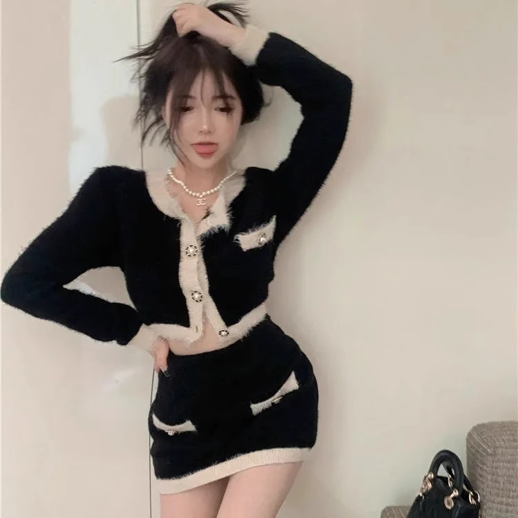 氣質兩件套短款毛衣外套早春季包臀短裙時尚法式小香風針織套裝女