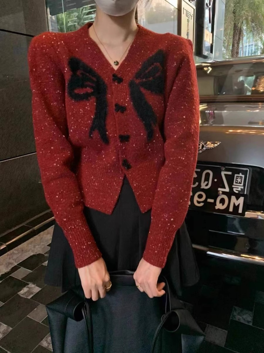 法式扎染針織開衫秋冬季新款女蝴蝶結V領小香風紅色外搭毛衣外套