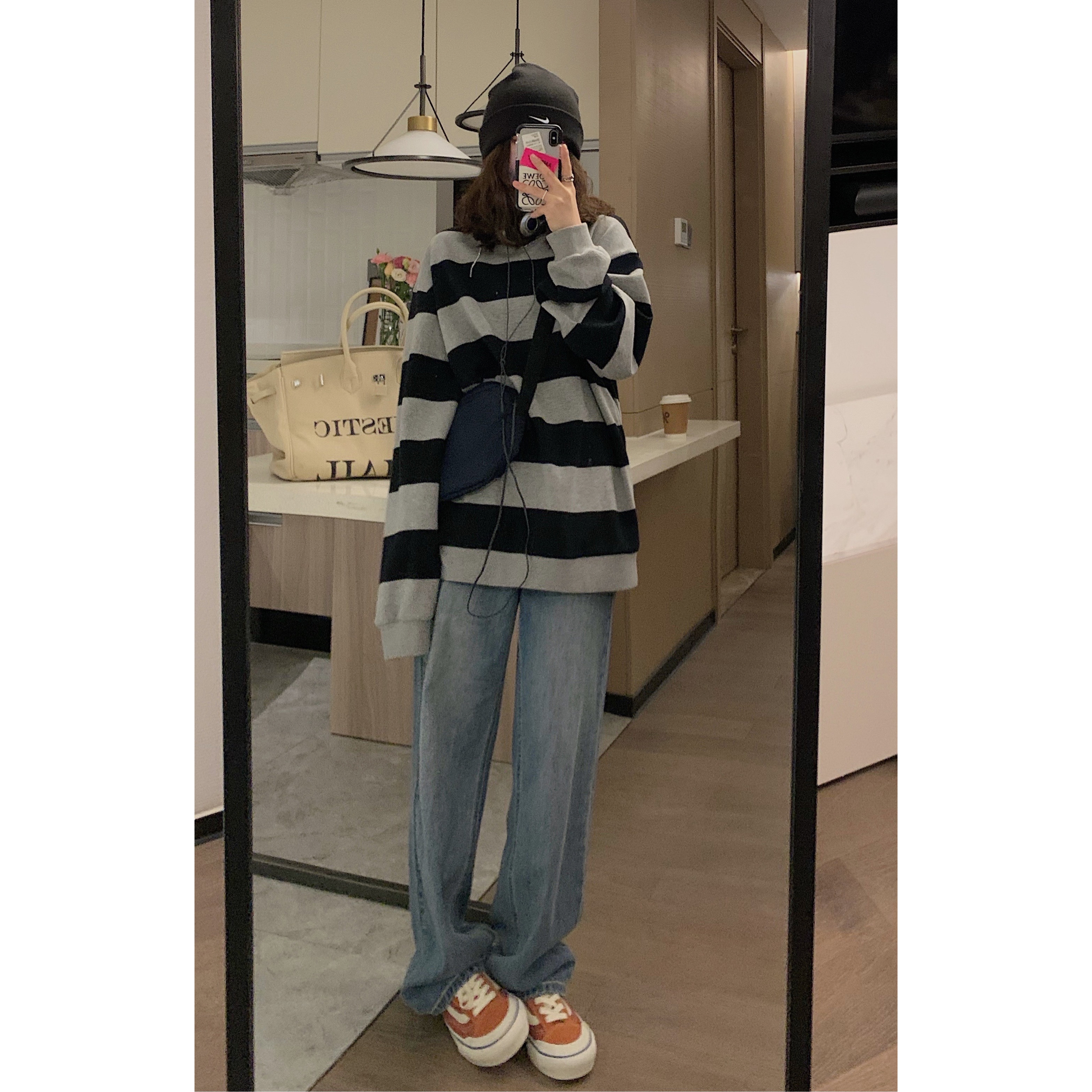 官圖  大魚鱗 秋裝新款韓版衛衣女條紋寬鬆大阪美式復古