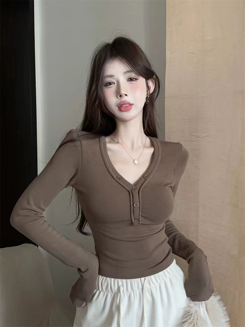 德絨螺紋1X1領長袖T恤女秋冬內搭打底衫修身短款