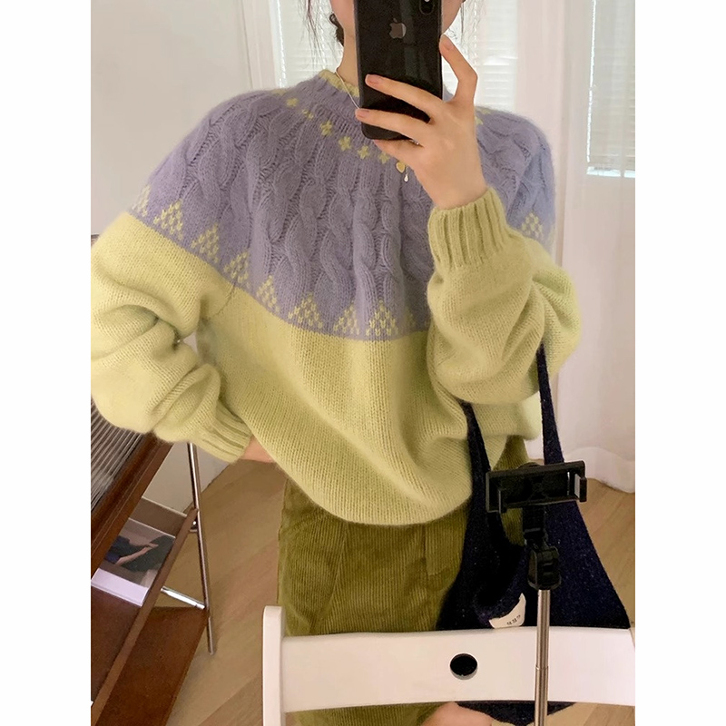 品質 撞色麻花小清新套頭毛衣加厚洋氣減齡氣質百搭上衣女