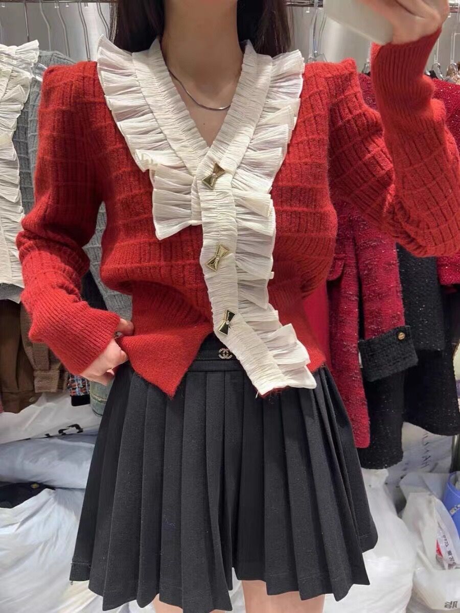 韓版V領花邊高級感針織上衣女秋冬新款蕾絲拼接荷葉邊長袖打底衫