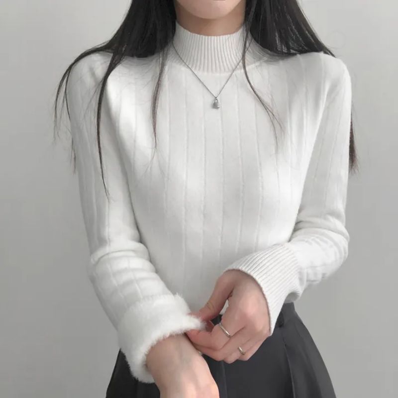 實拍保護 大碼冬季加絨打底毛衣坑條紋一體水貂絨半高領針織衫