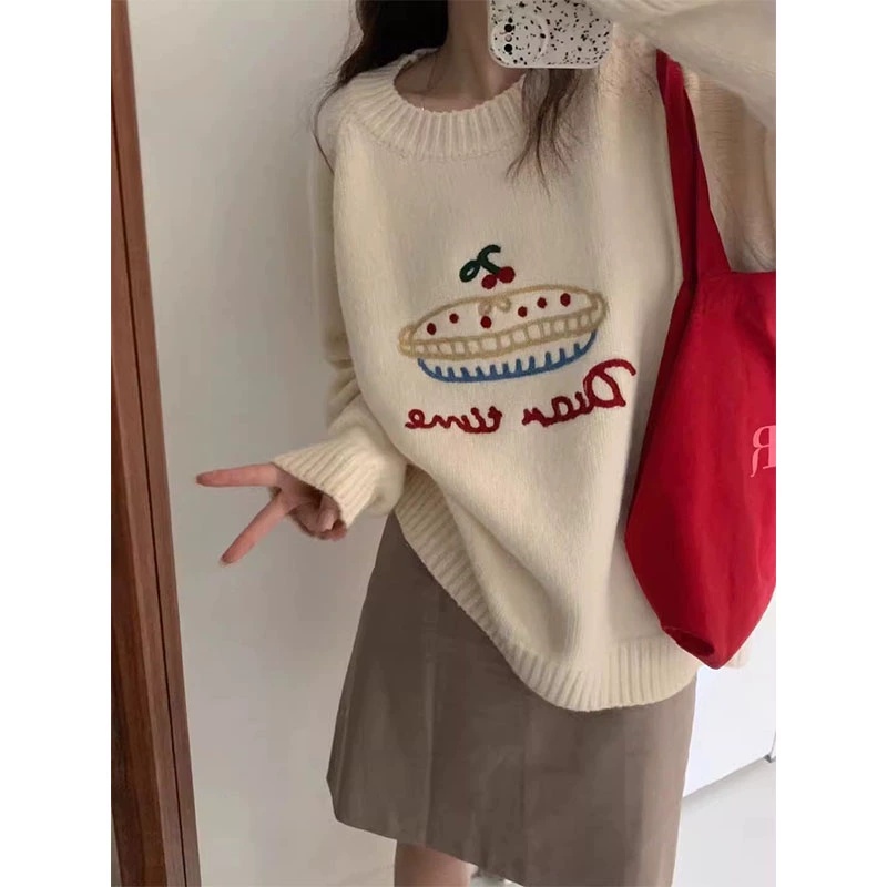 白色刺繡浣熊絨套頭毛衣女秋冬2023新款外穿內搭打底衫針織衫上衣