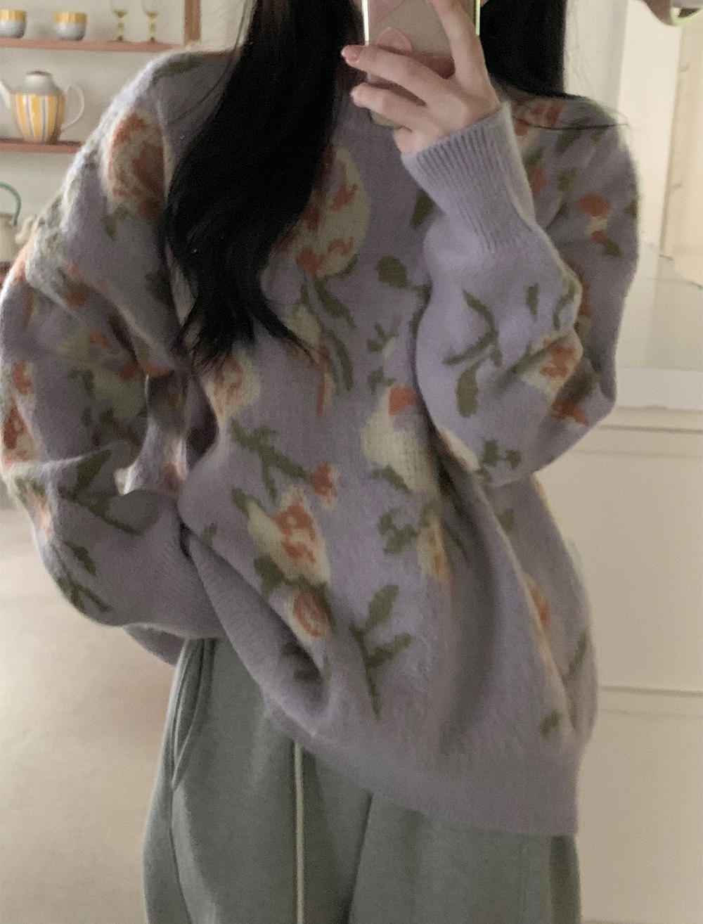 INS韓國東大門！浪漫香芋紫溫柔圓領長袖毛衣花朵甜美外套