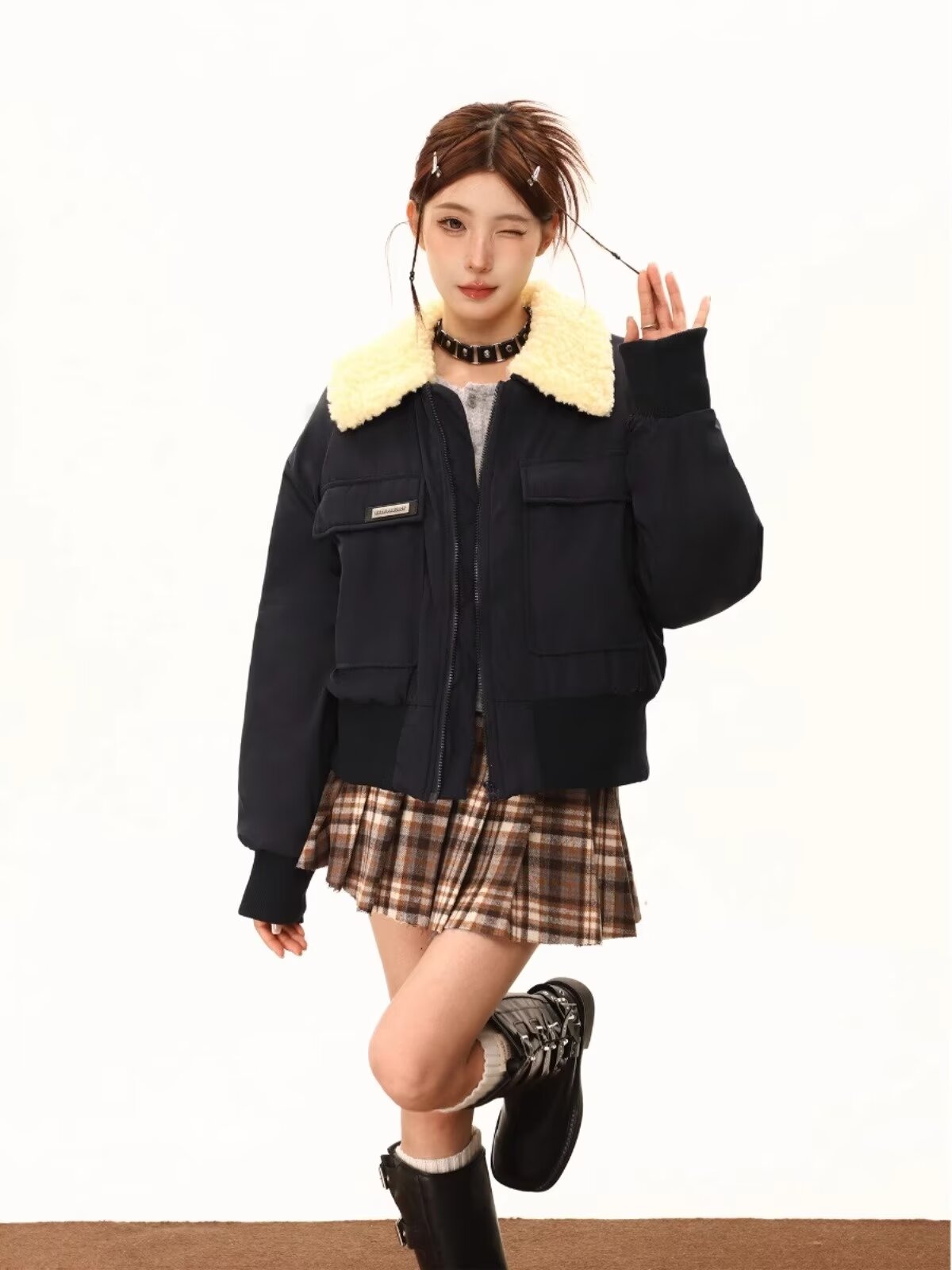 American lamb wool lapel cotton jacket for women in winter hot girl casual thickened short workwear cotton jacket