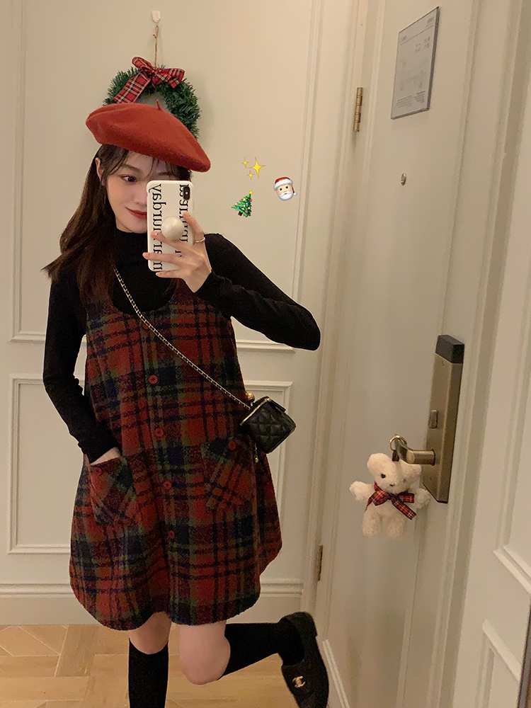 FF BLUE Berry Waffle Festive New Year red plaid sundress sweet and cute woolen dress