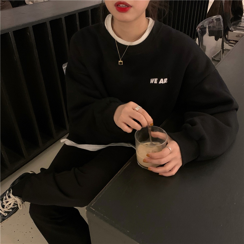 加絨加厚情侶裝衛衣女秋冬季新款學生百搭寬鬆韓版圓領上衣外套潮