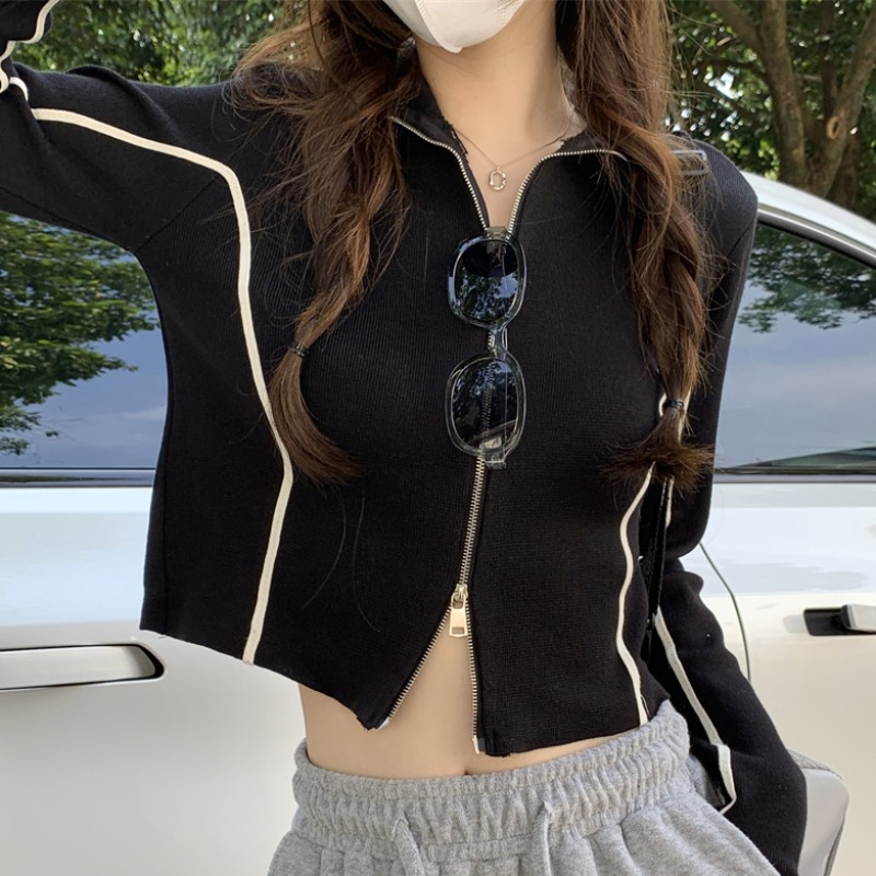 毛衣設計感小眾半高領拉鏈修身針織衫女秋冬小個子短款外套
