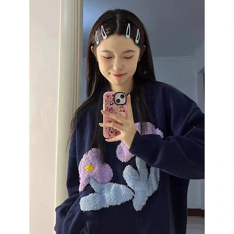 設計感毛衣女2023新款韓系慵懶風軟糯秋冬加厚繡花寬鬆學院風