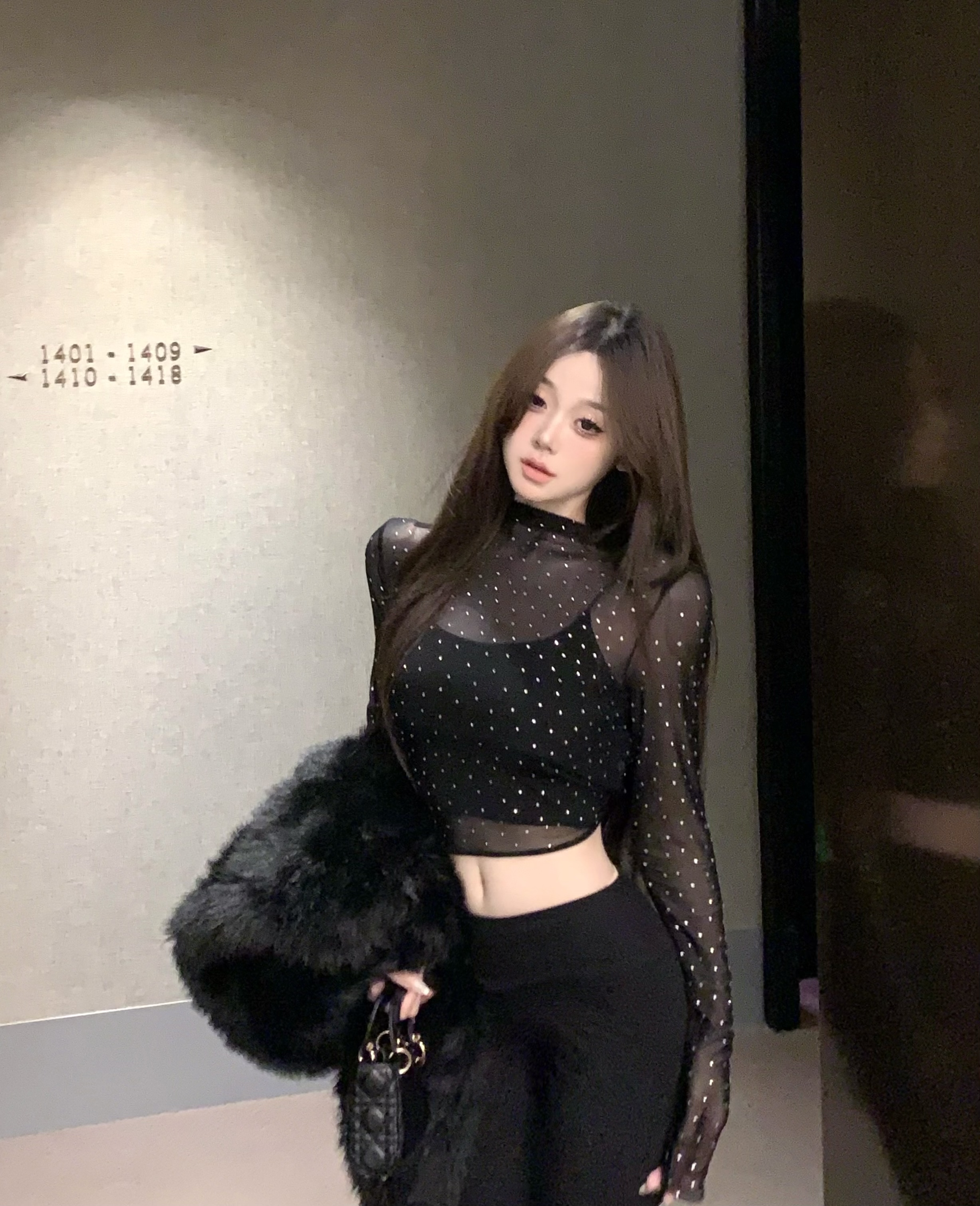 高彈力燙鑽網紗辣妹上衣女復古性感半高領蕾絲衫