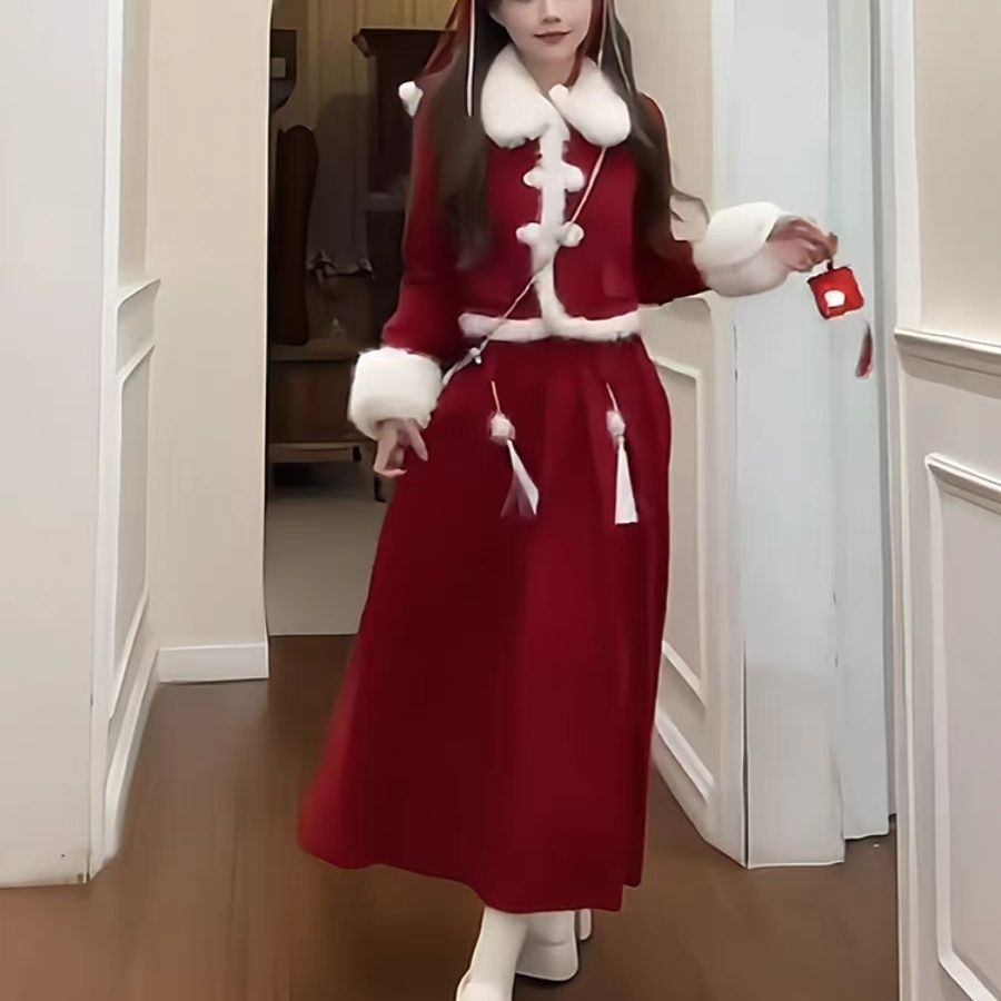 龍鳳呢+拉鏈新中式國風紅色套裝裙冬季夾棉毛毛短外套長裙新年