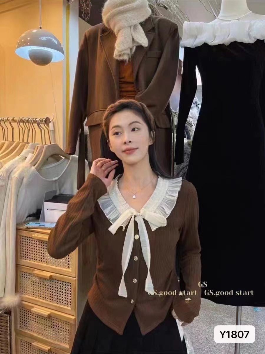 2023秋冬新款韓版獨特設計感荷葉邊蝴蝶系帶拼接開衫上衣女