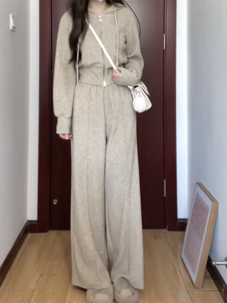 純棉華棉復銀狐絨/灰色休閒運動套裝女加絨連帽衛衣闊腿褲兩件套