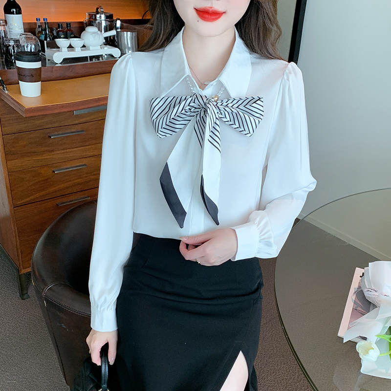 實拍2024春季新款韓版百搭蝴蝶結系帶長袖緞面襯衫女打底衫