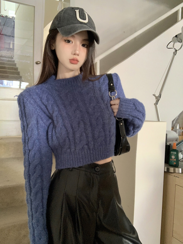 實拍 短款麻花圓領修身顯瘦保暖毛衣