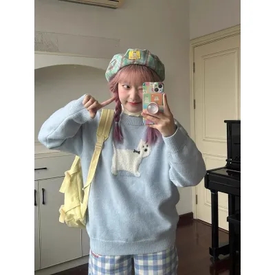 iamnotbad 海藍椰奶貂毛提花小狗baby藍金屬骨頭軟糯毛衣秋冬