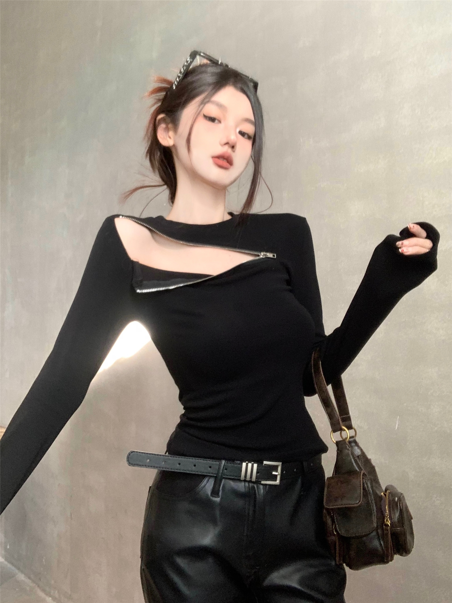 實拍~溫柔夜色純欲小眾修身顯瘦短款針織拉鏈抓絨上衣打底衫